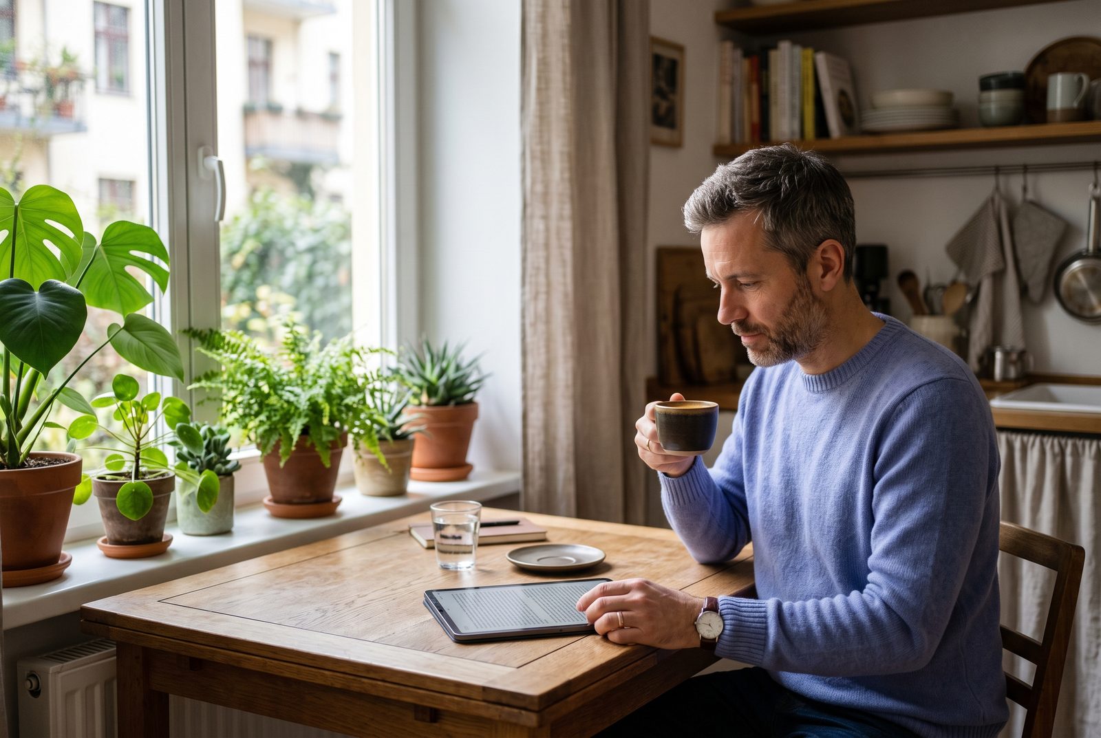 A man with a coffee reading an article on a tablet at his kitchen table